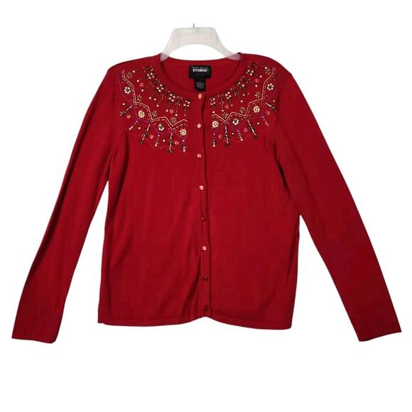 VTG 9Os CHRISTMAS SWEATER CARDIGAN RED BUTTON UP BEADED FANCY 100% COTTON SMALL - Picture 2 of 6